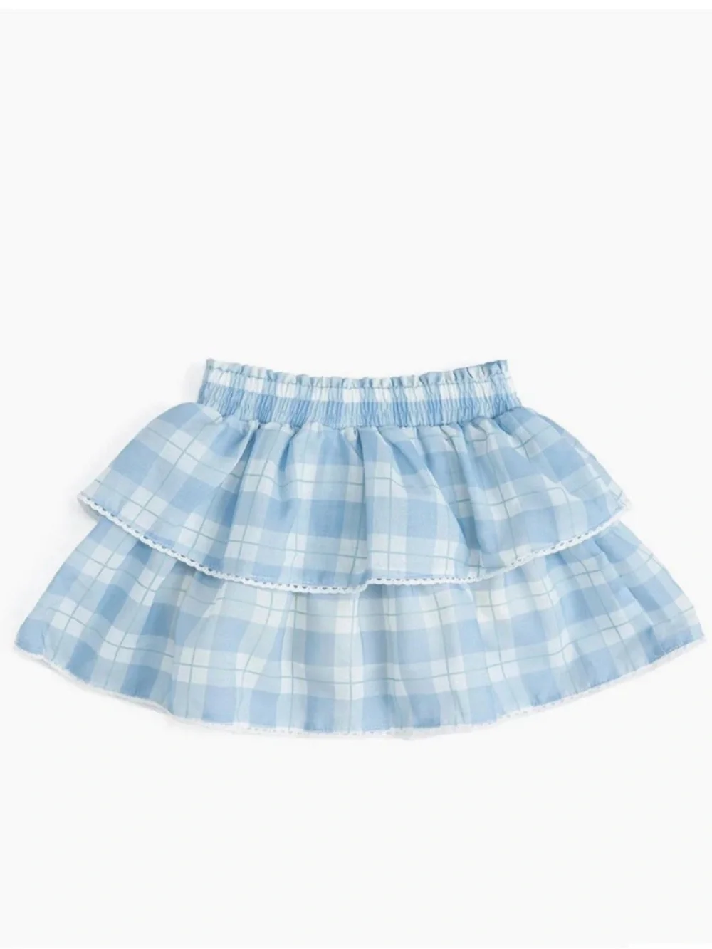 Girls Light Blue Gingham Tiered Skirt and White Tee Outfit